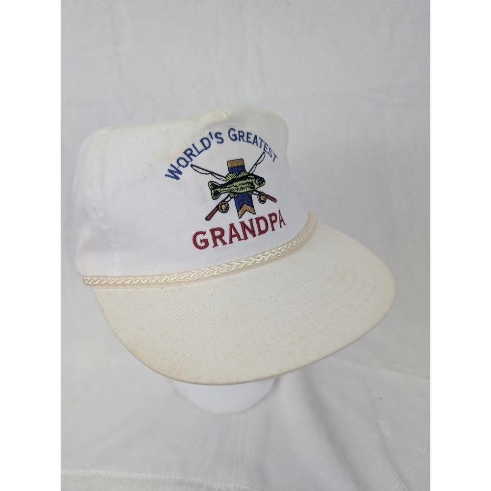 Vintage Worlds Greatest Grandpa Trucker Hat White Snapback Cap Rope Trim Fishing